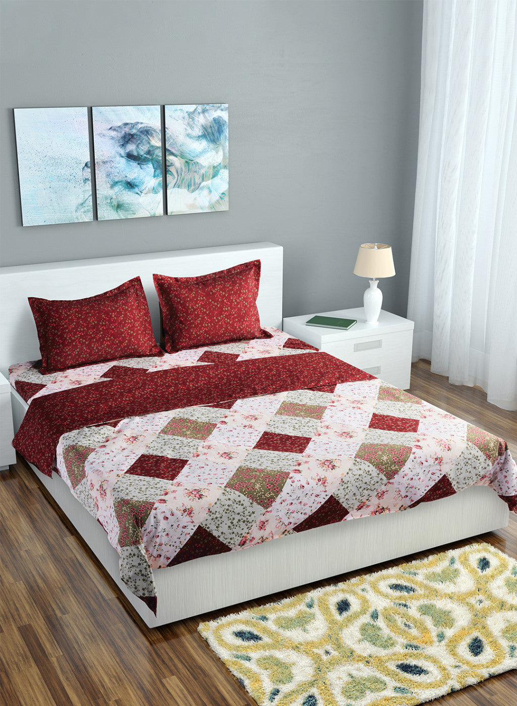 Multi Color 130 GSM Bedsheet with 2 Pillow Covers + 1 Duvet