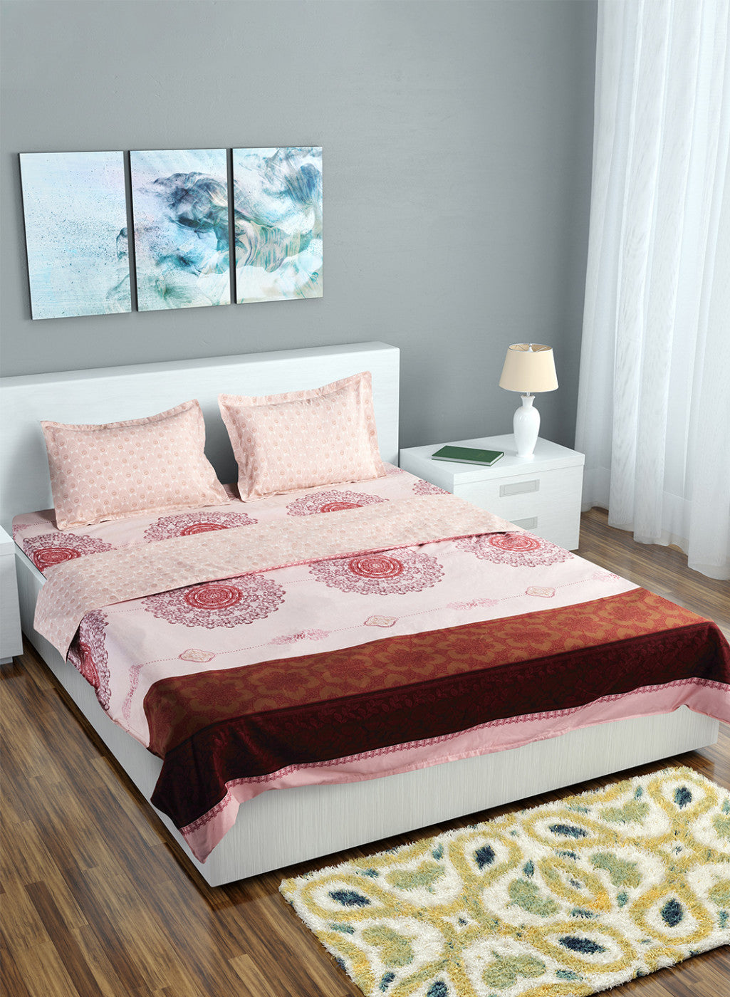 Multi Color 130 GSM Bedsheet with 2 Pillow Covers + 1 Duvet