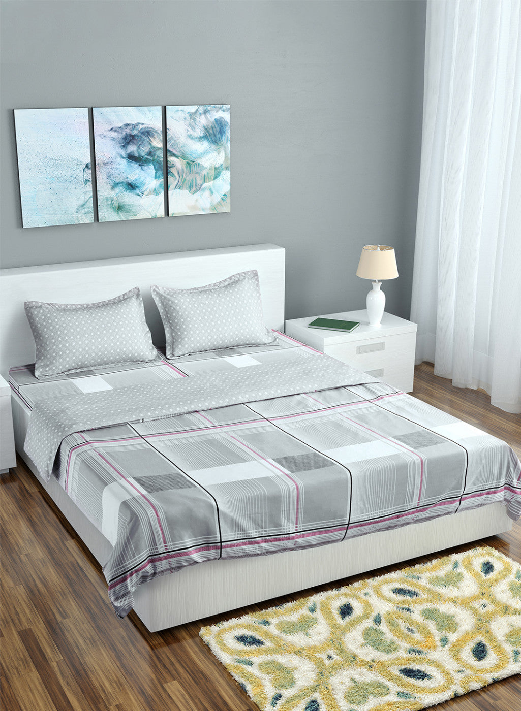 Multi Color 130 GSM Bedsheet with 2 Pillow Covers + 1 Duvet