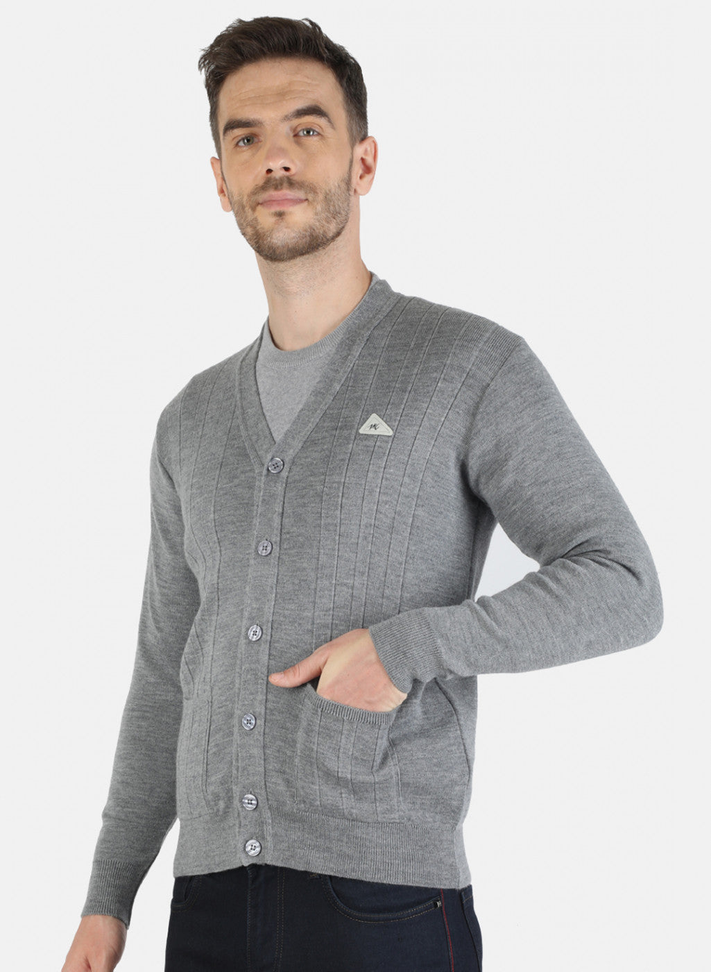 Men Grey Solid Cardigan