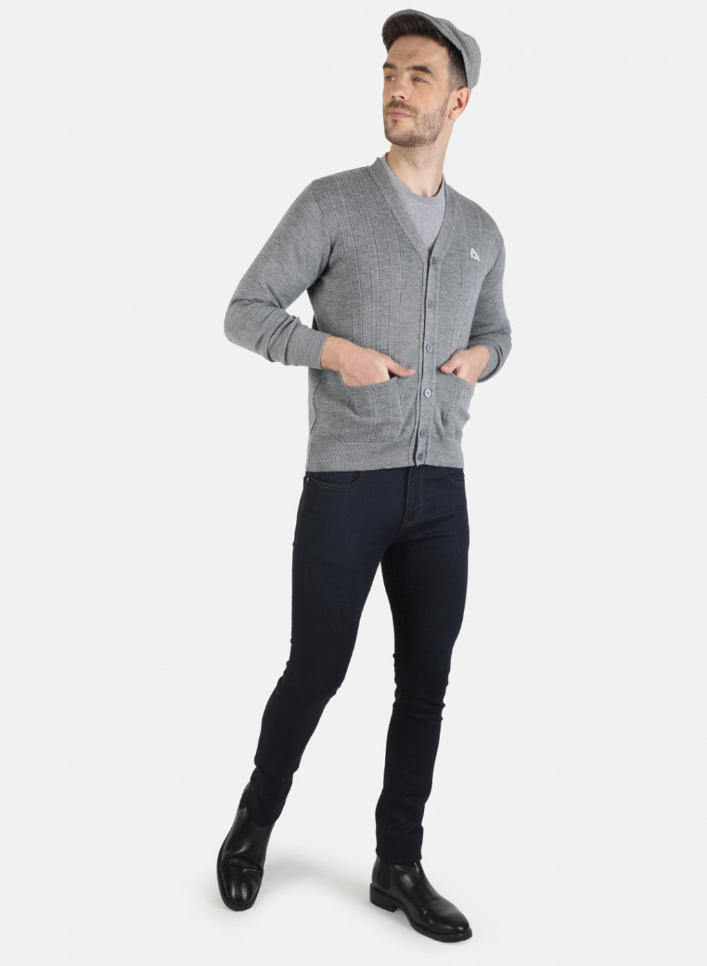 Men Grey Solid Cardigan