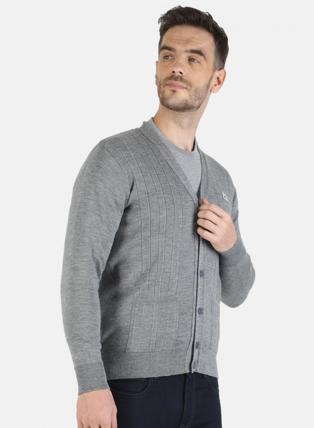 Men Grey Solid Cardigan