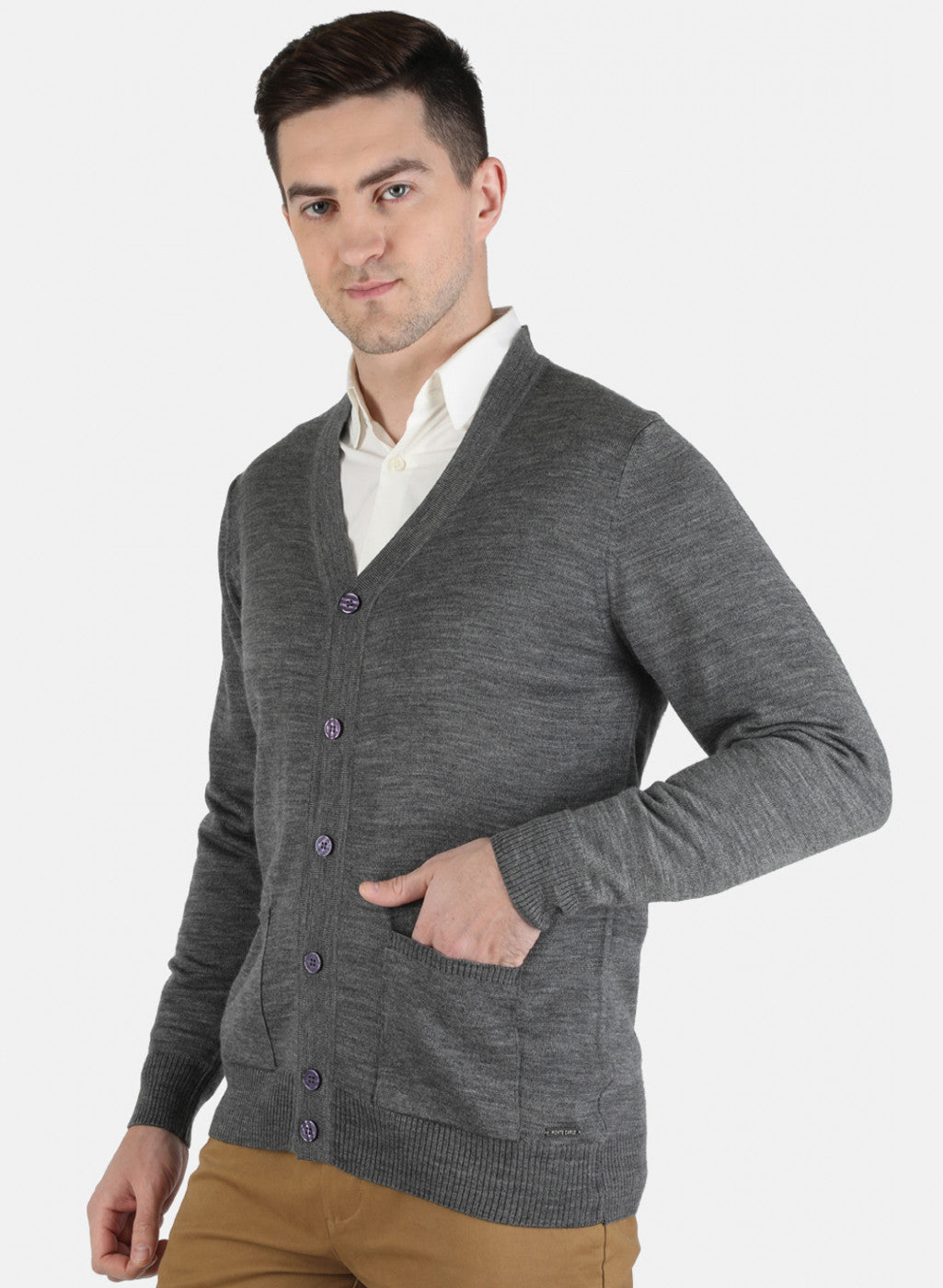 Men Grey Solid Cardigan