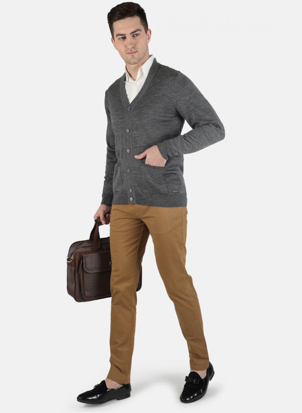 Men Grey Solid Cardigan