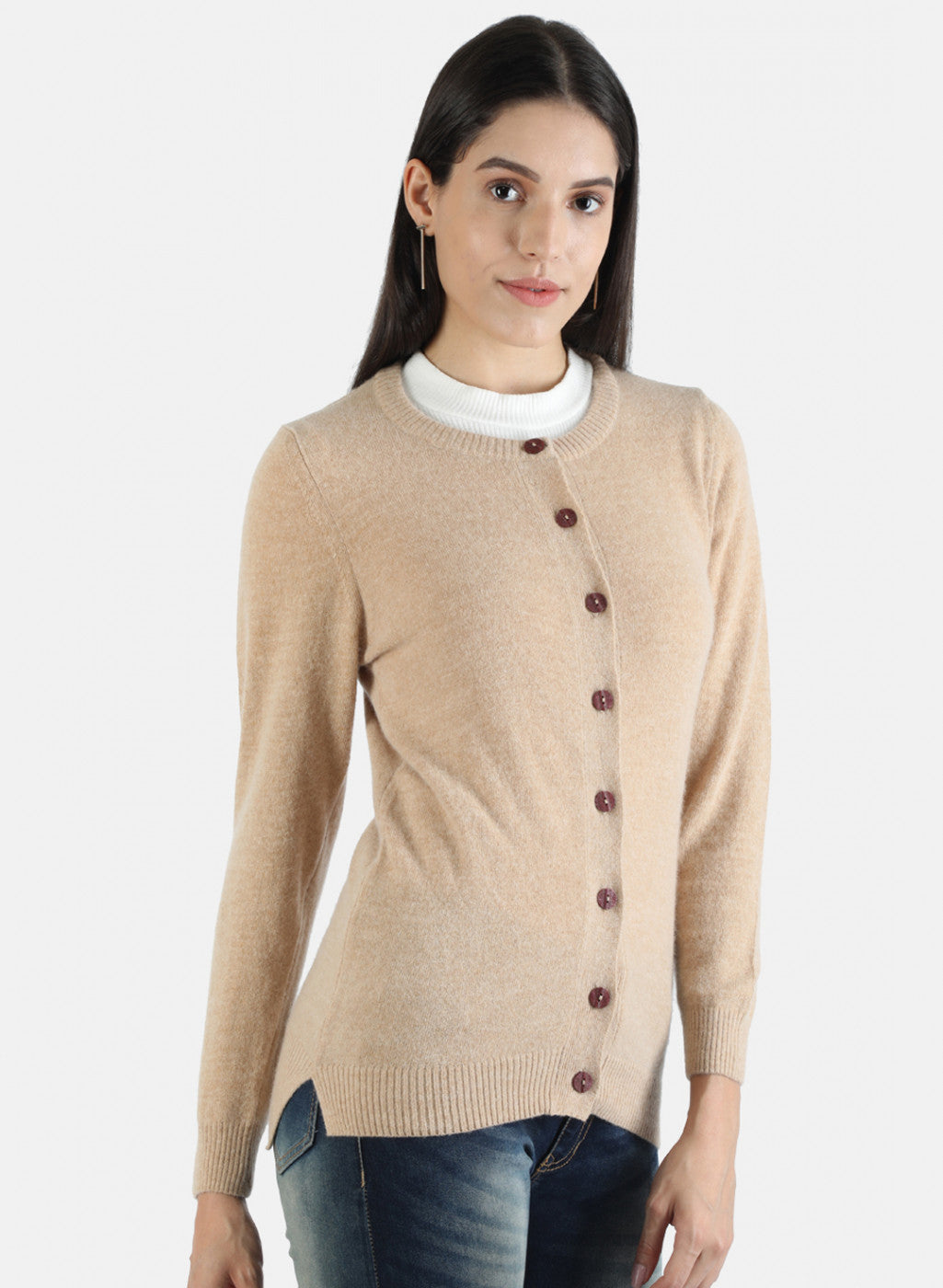 Women Beige Solid Cardigan