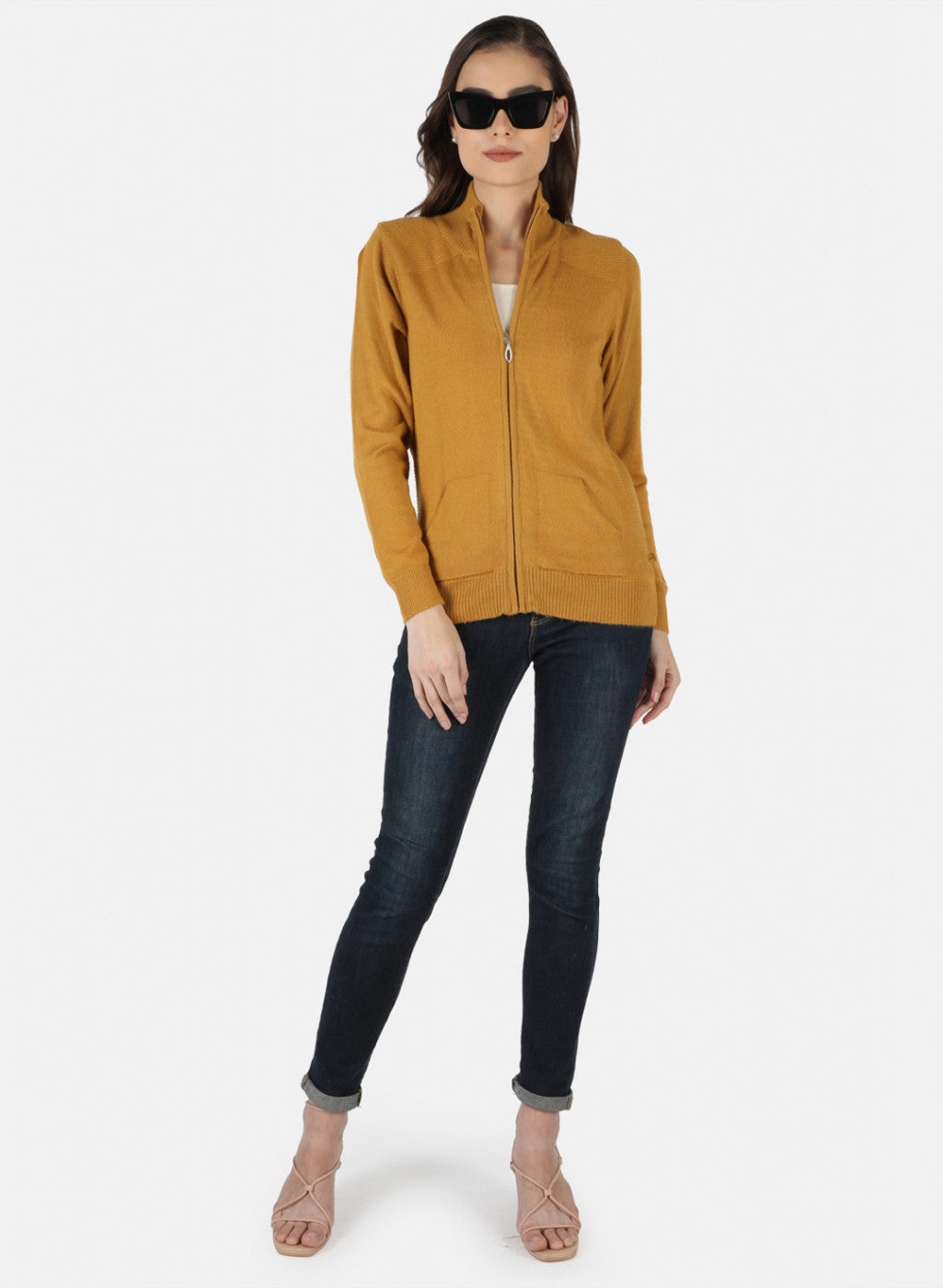 Women Gold Solid Cardigan