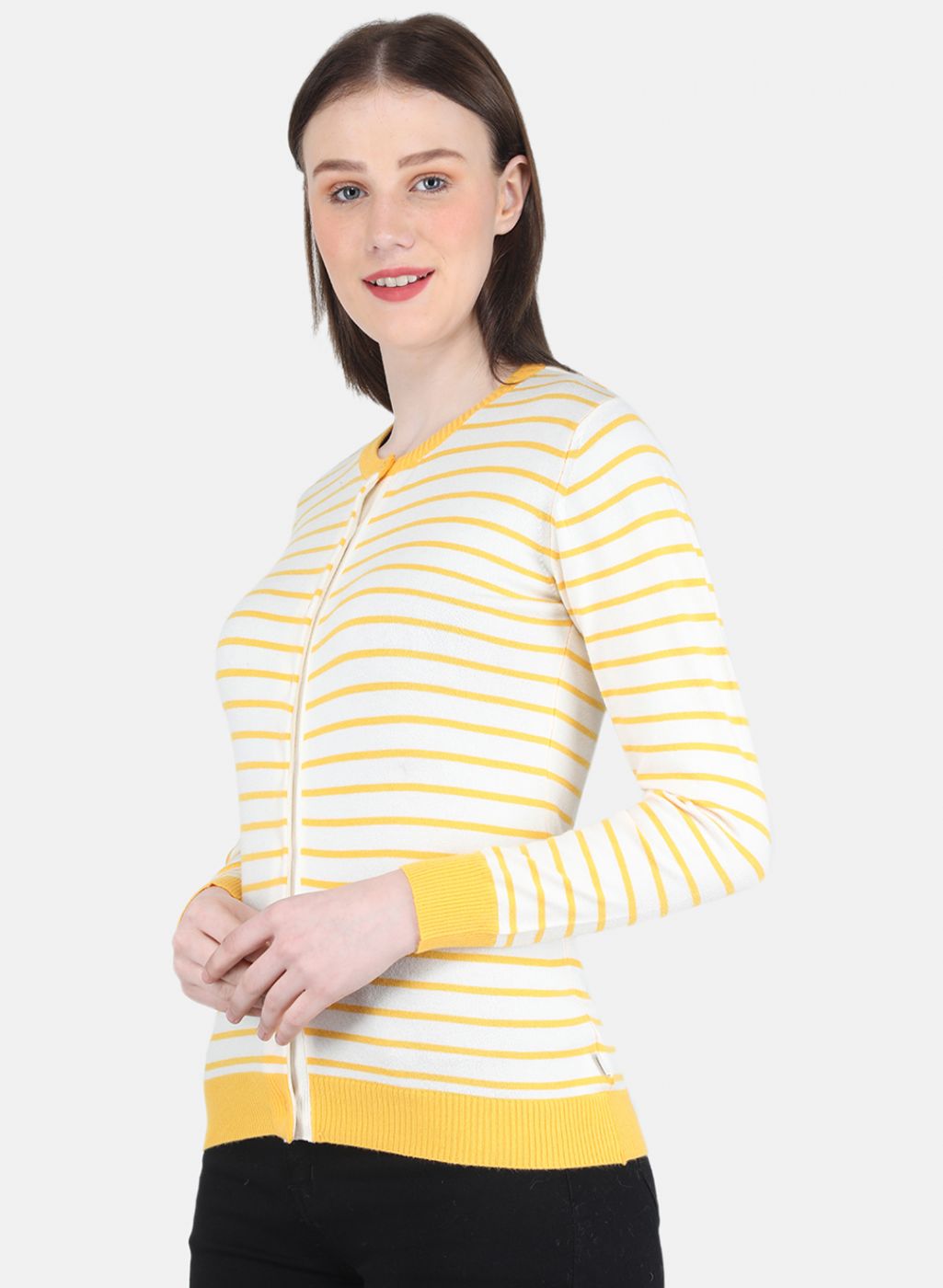 Women Yellow Self Design Cardigan