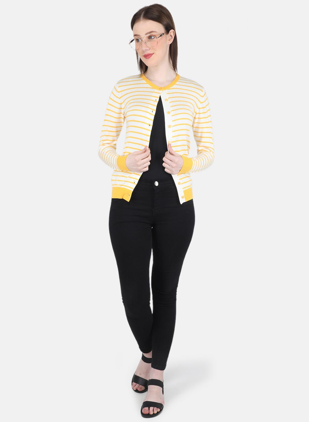 Women Yellow Self Design Cardigan