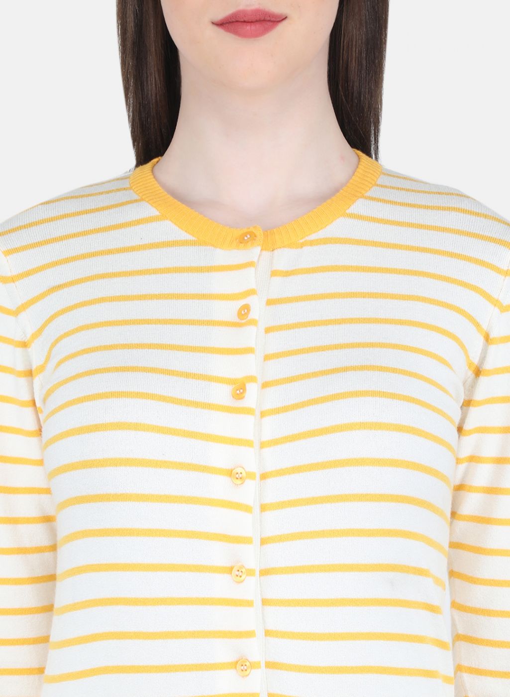 Women Yellow Self Design Cardigan