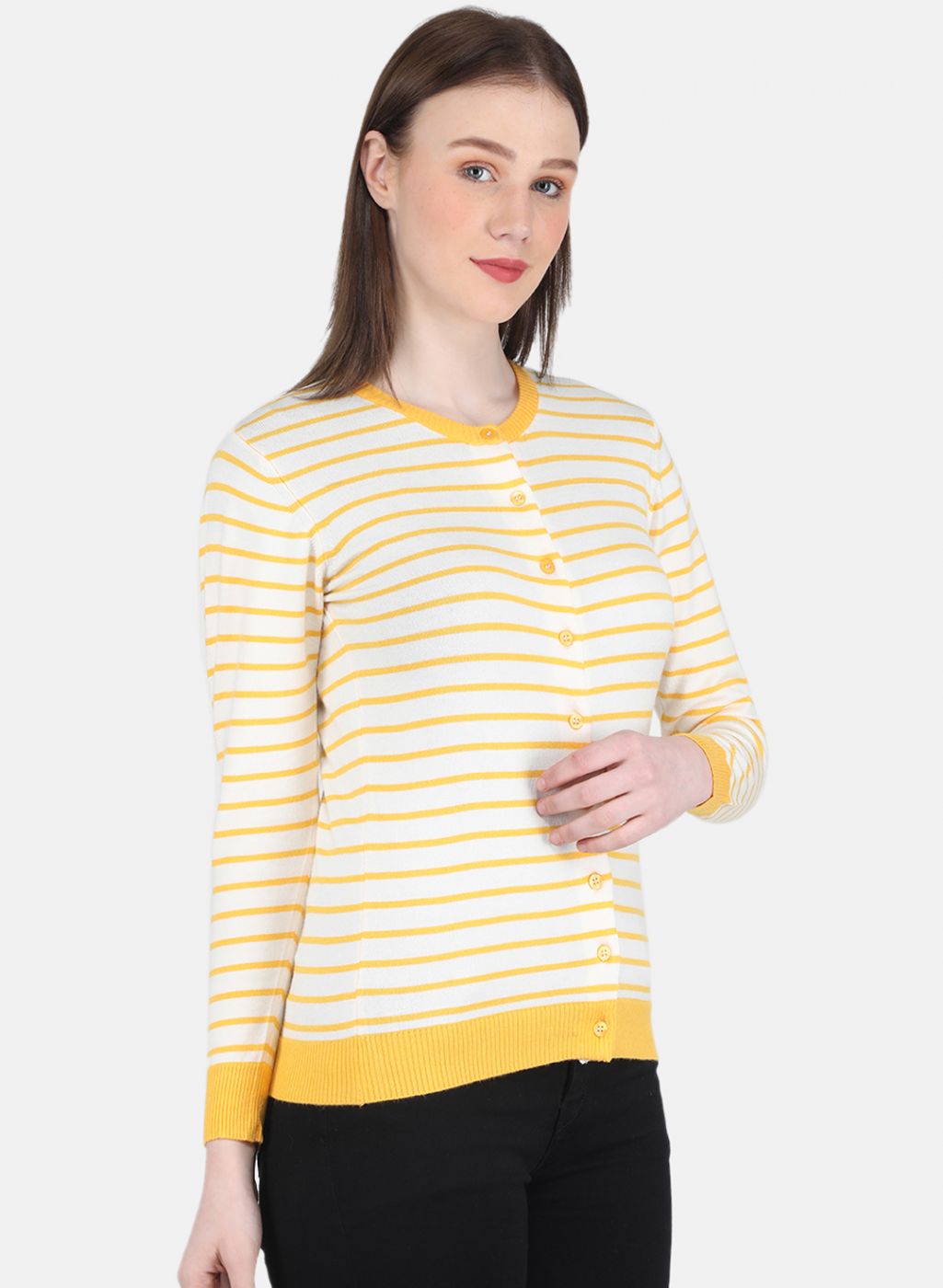 Women Yellow Self Design Cardigan