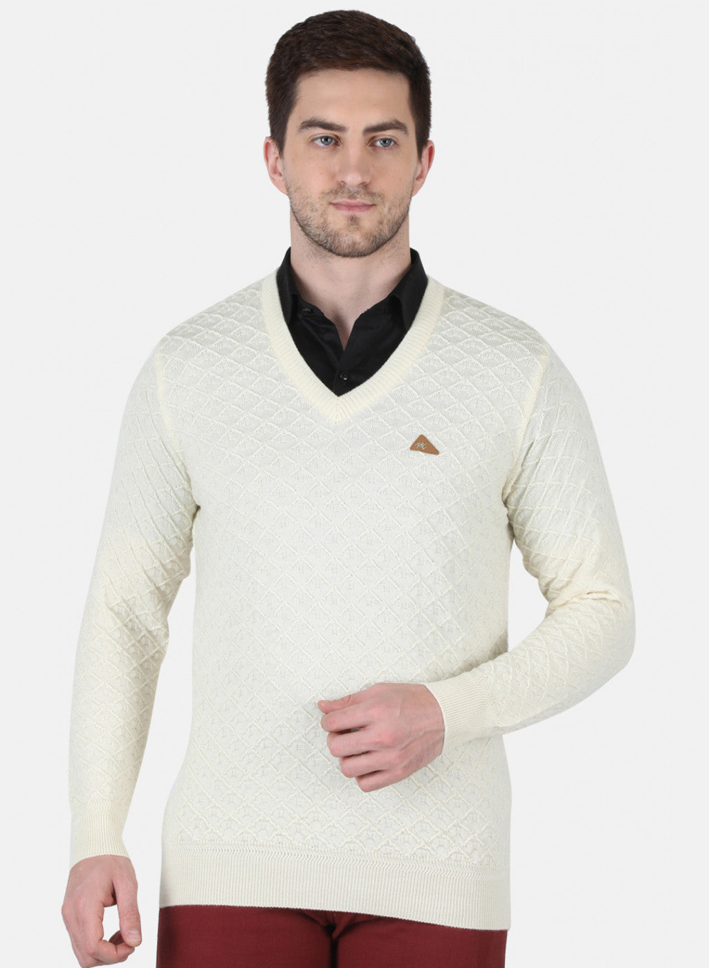 Men Cream Self Design Pullover