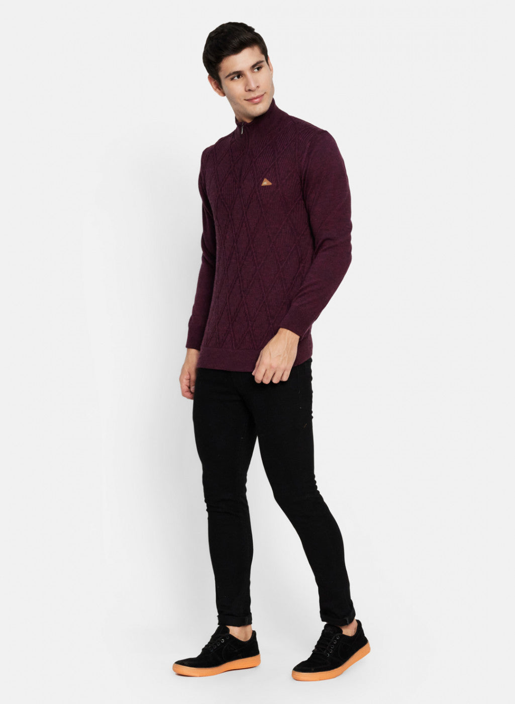 Men Maroon Self Design Pullover