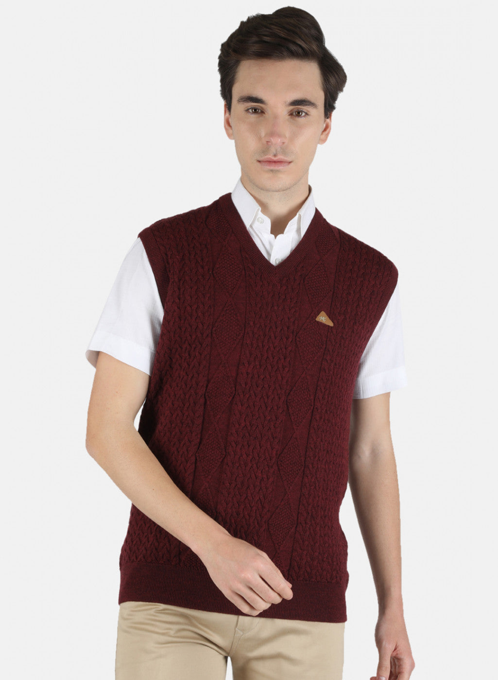 Men Maroon Self Design Sweater