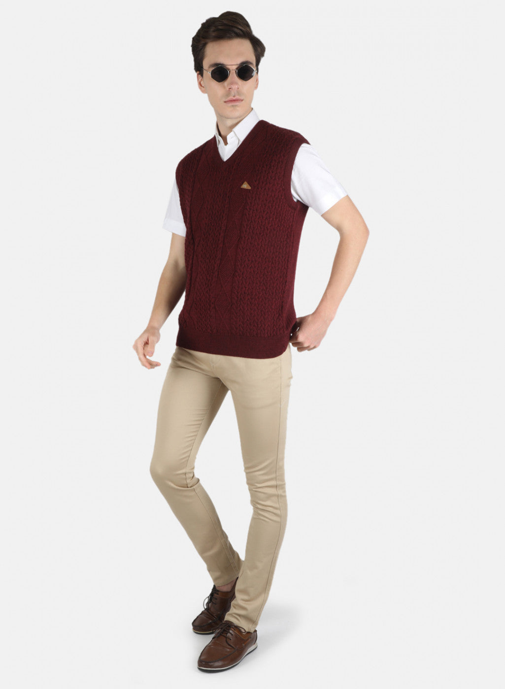 Men Maroon Self Design Sweater