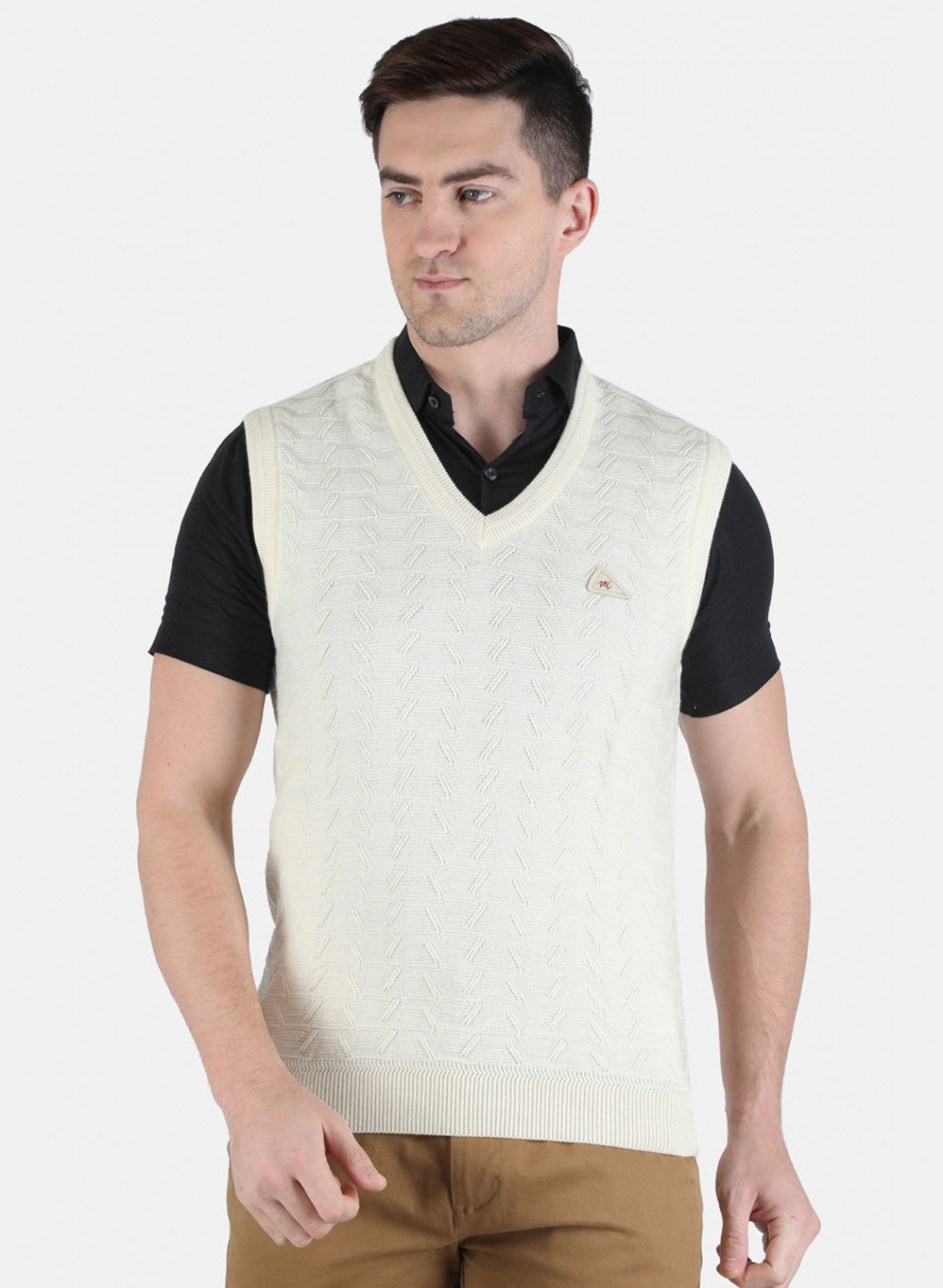 Men Off White Self Design Sweater