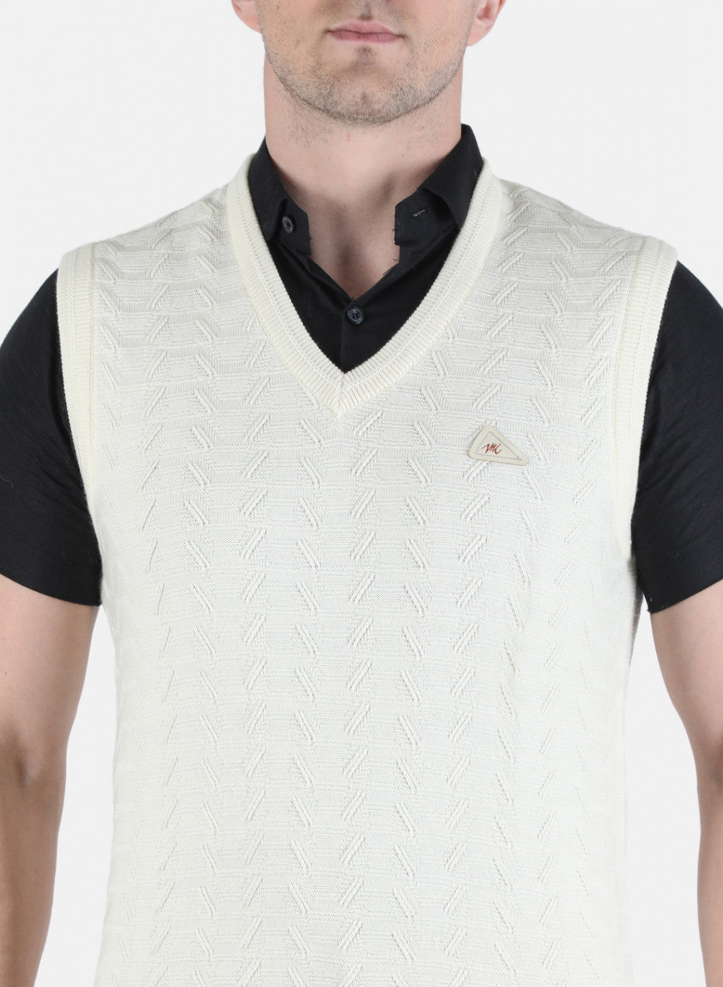 Men Off White Self Design Sweater