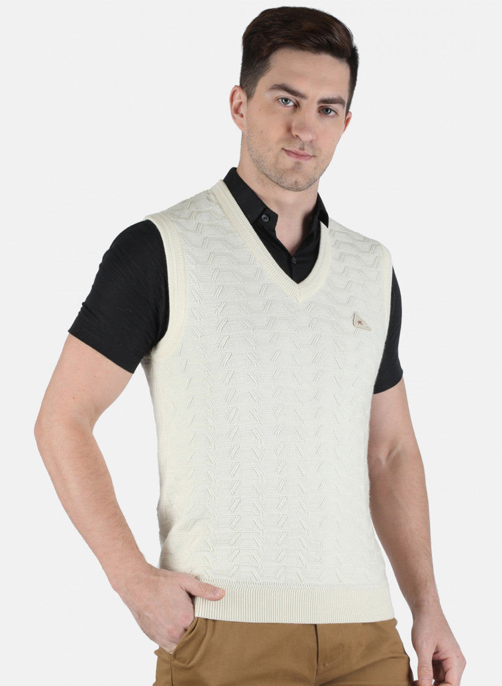 Men Off White Self Design Sweater