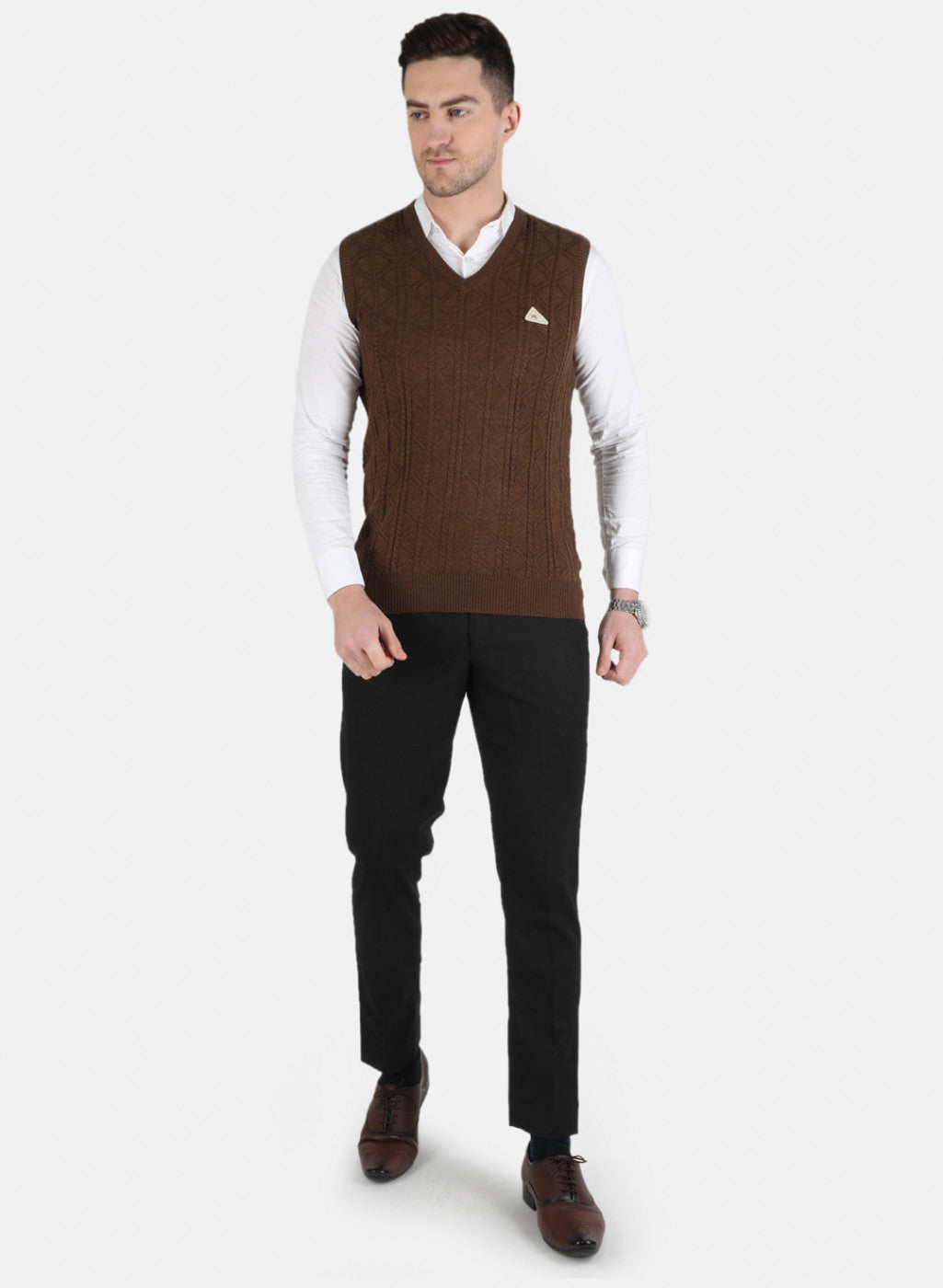 Men Brown Self Design Sweater