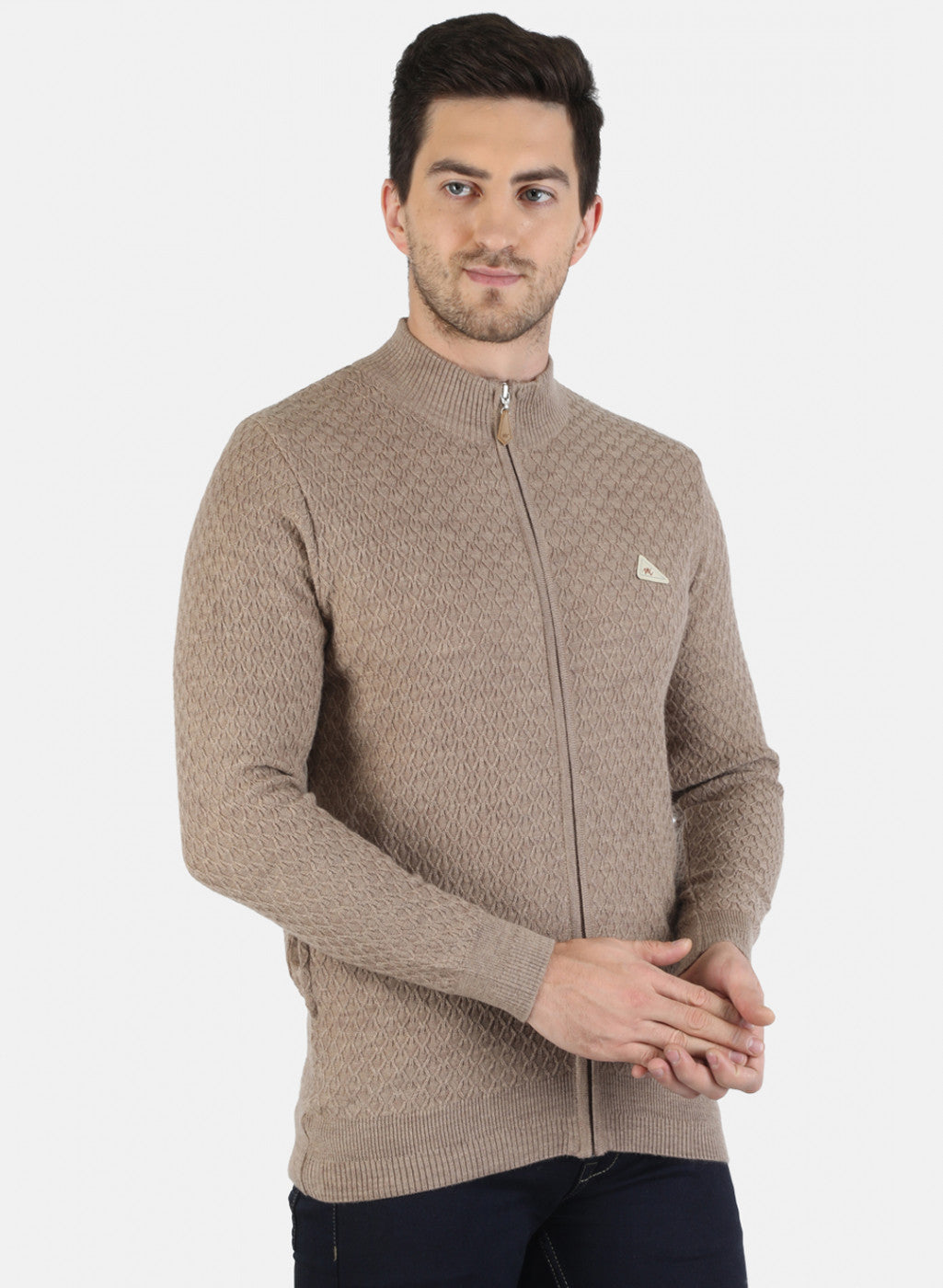 Men Beige Self Design Pullover