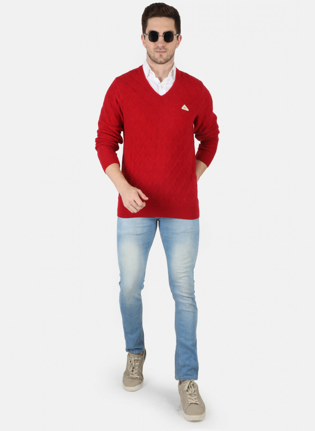Men Maroon Self Design Pullover