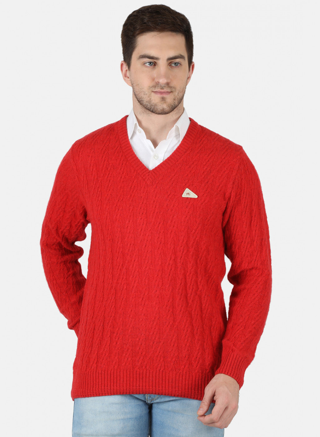 Men Red Self Design Pullover