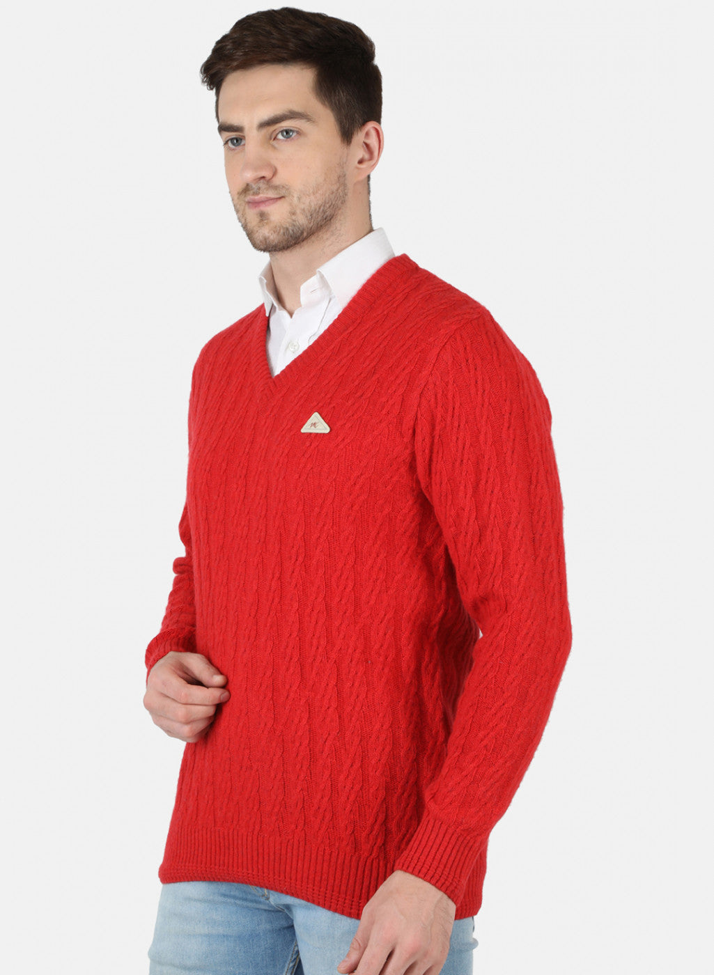 Men Red Self Design Pullover
