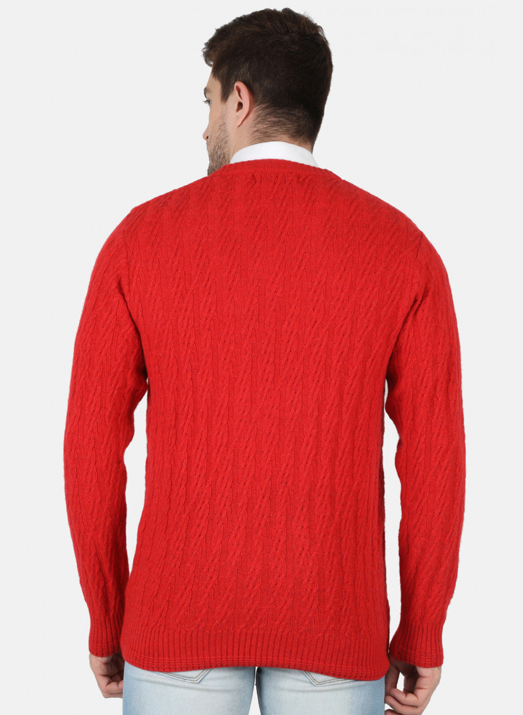 Men Red Self Design Pullover