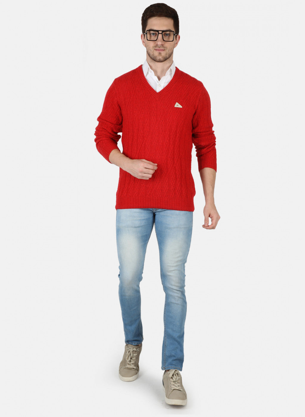 Men Red Self Design Pullover