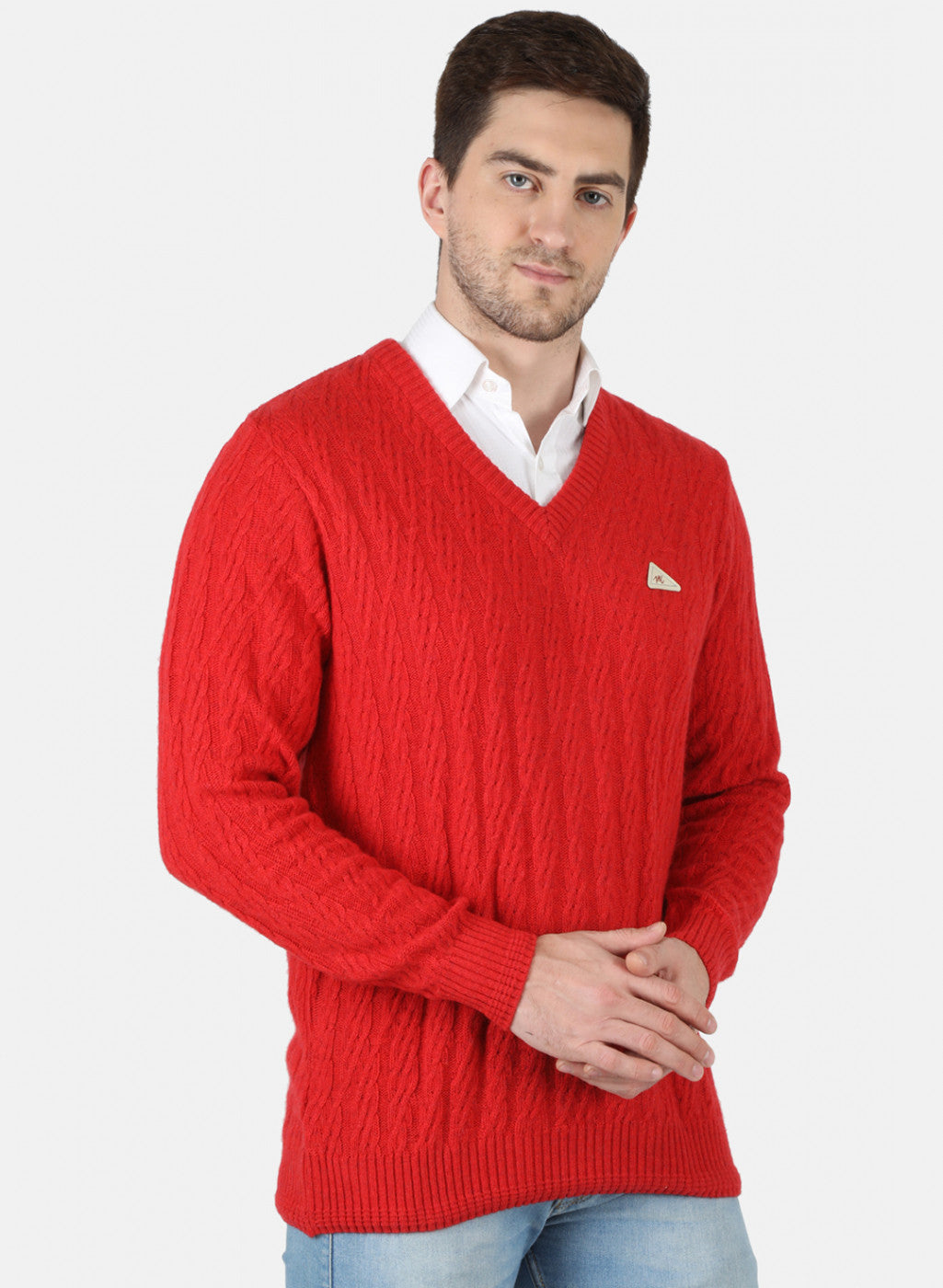 Men Red Self Design Pullover