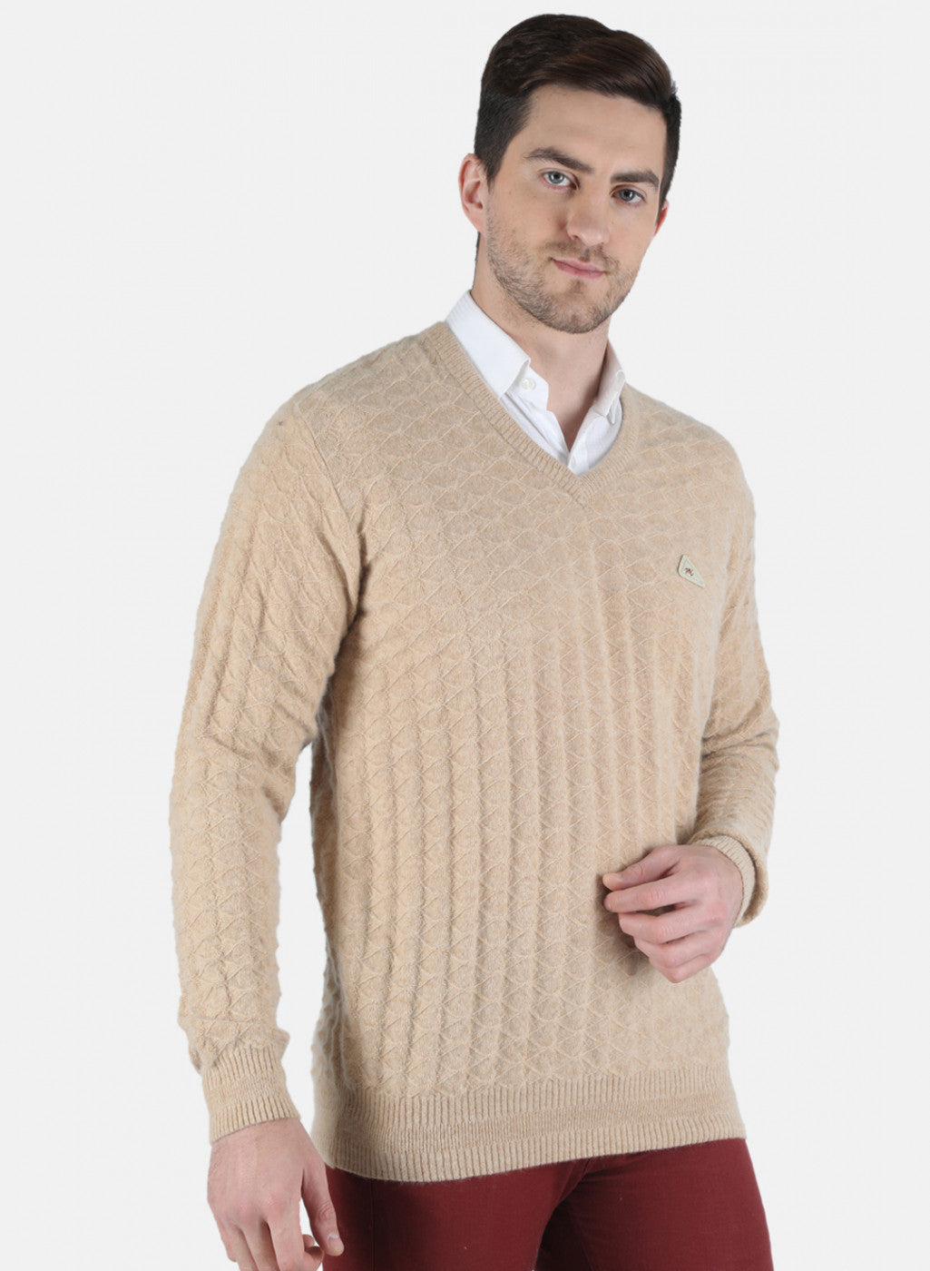 Men Beige Self Design Pullover