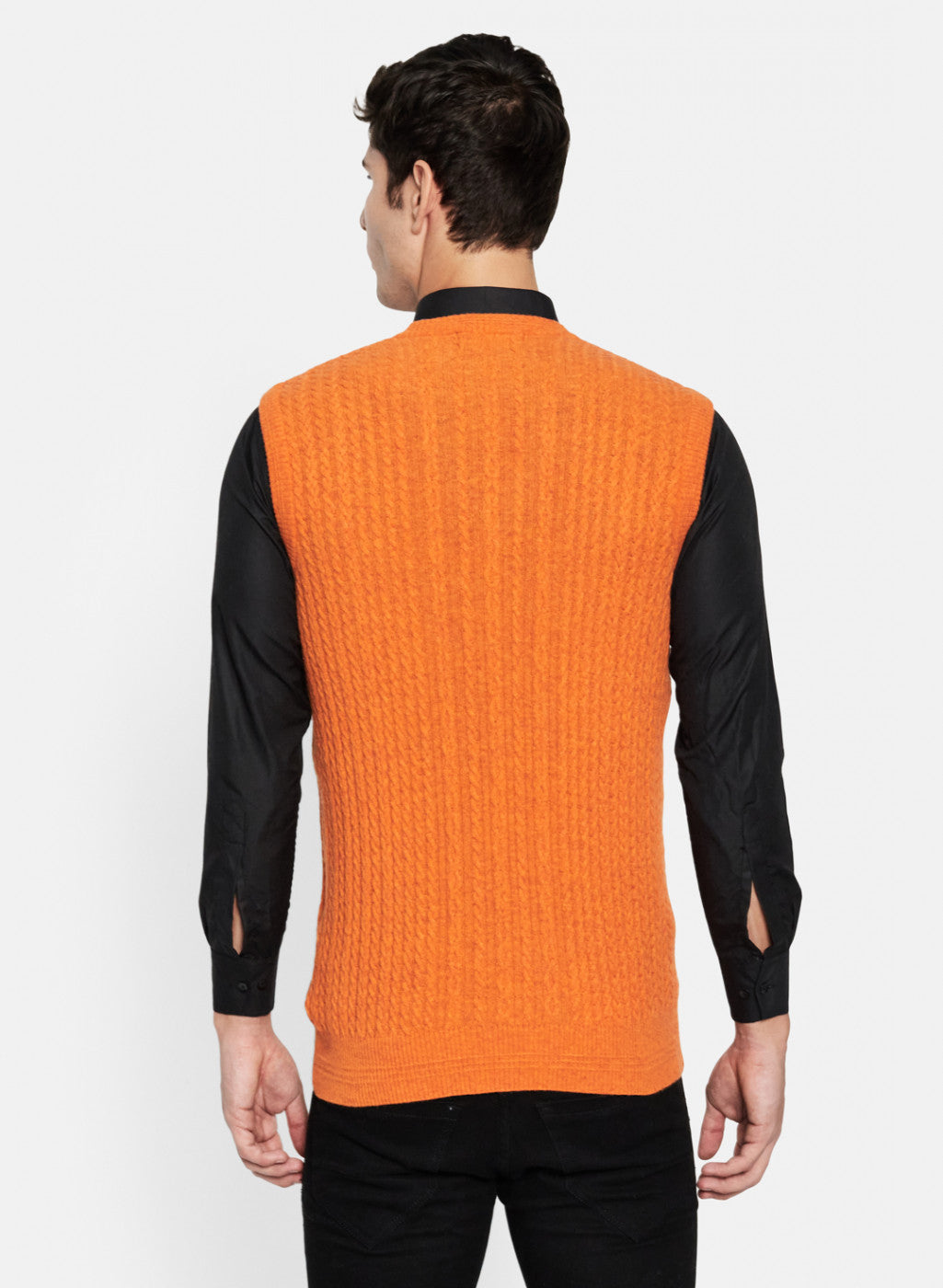Men Orange Self Design Sweater