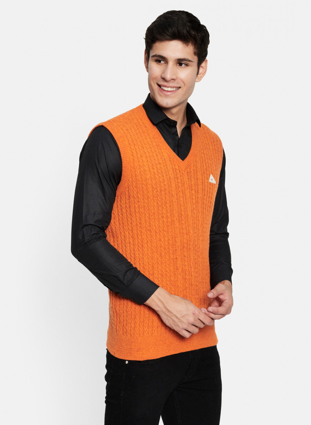 Men Orange Self Design Sweater