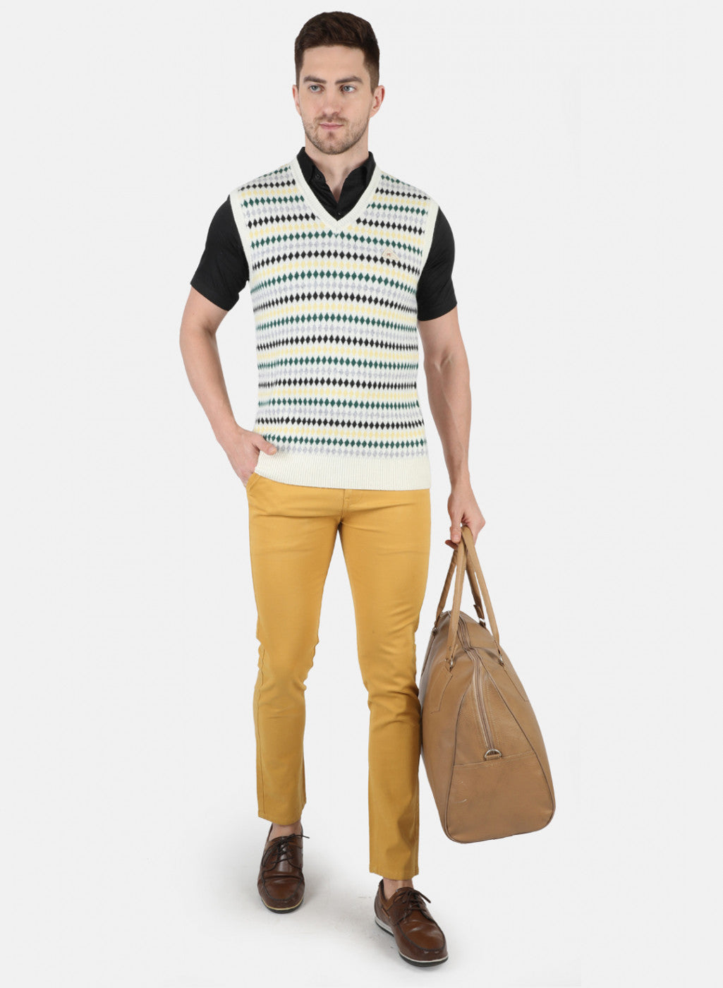 Men Off White Self Design Sweater