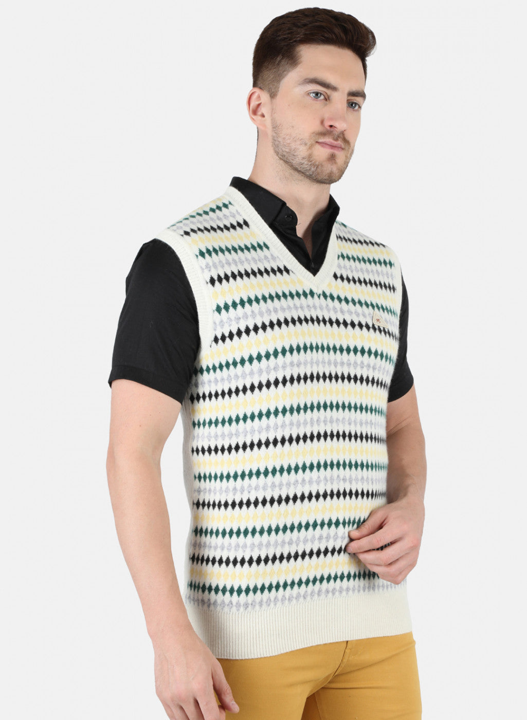 Men Off White Self Design Sweater