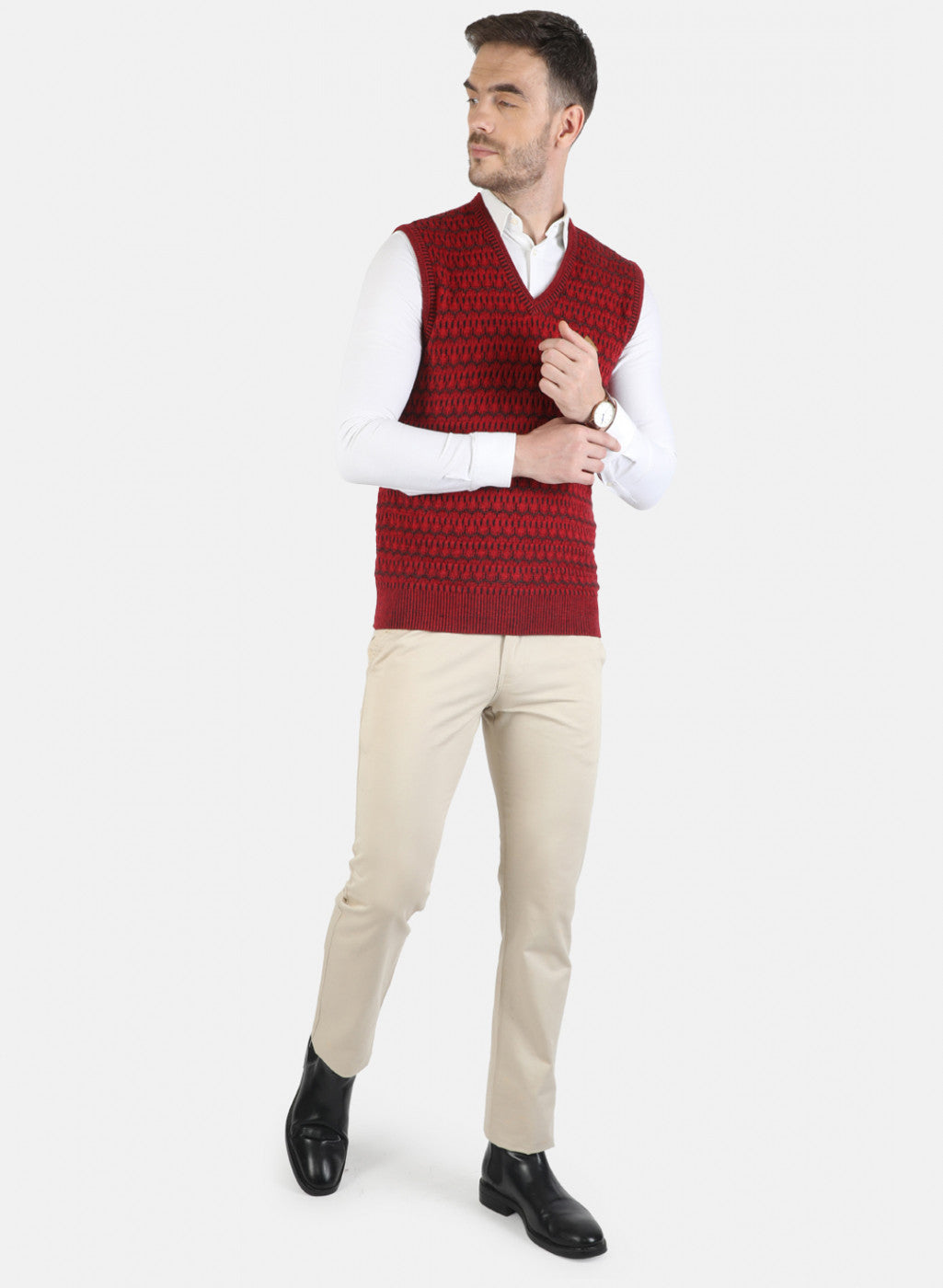 Men Red Self Sweater