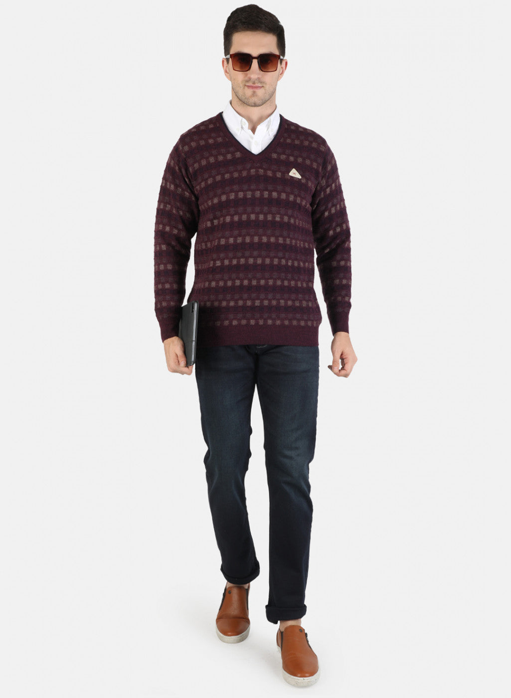 Men Red Self Pullover