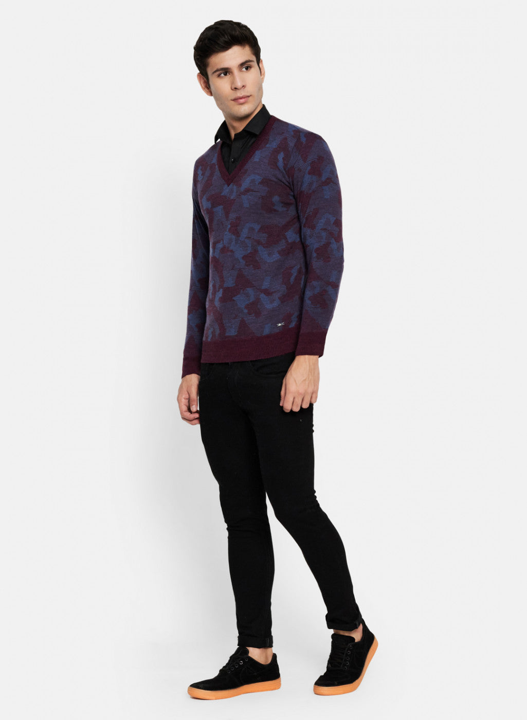 Men Blue & Brown Solid Pullover