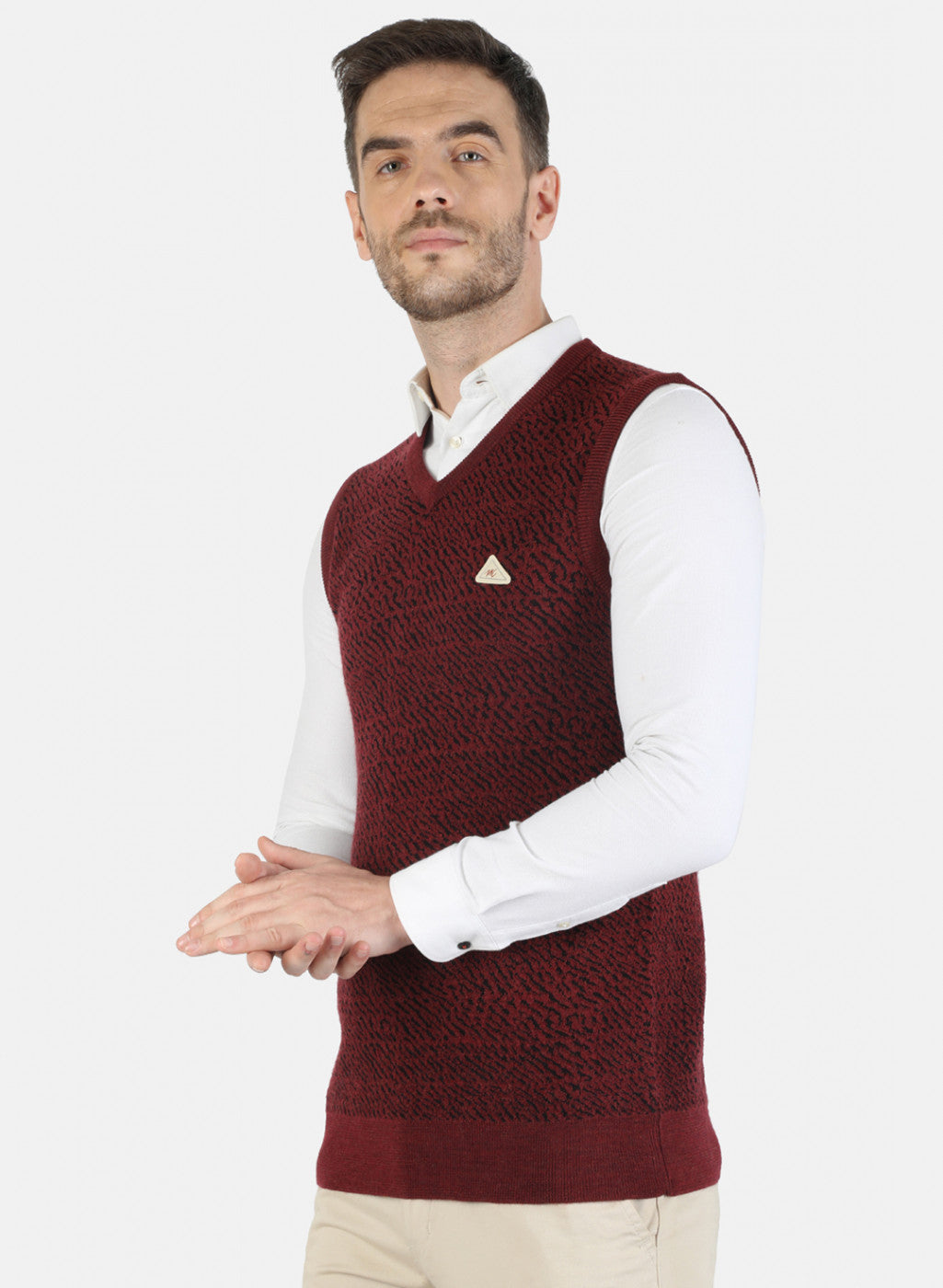 Men Maroon Self Sweater