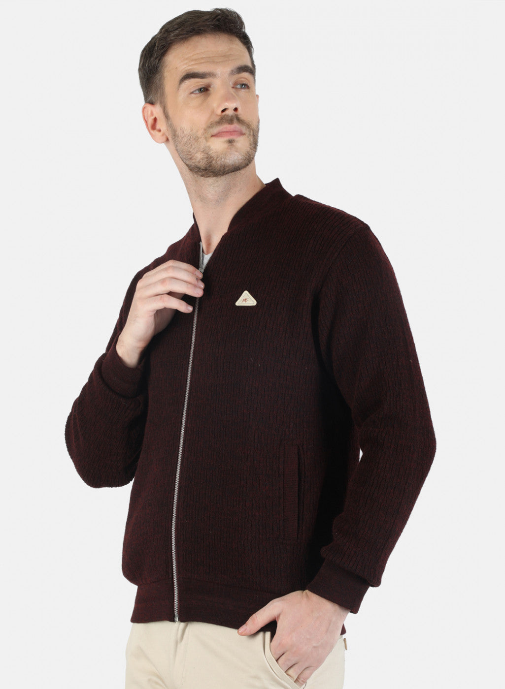 Men Maroon Self Jacket