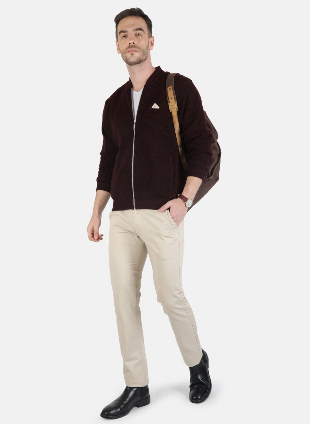 Men Maroon Self Jacket