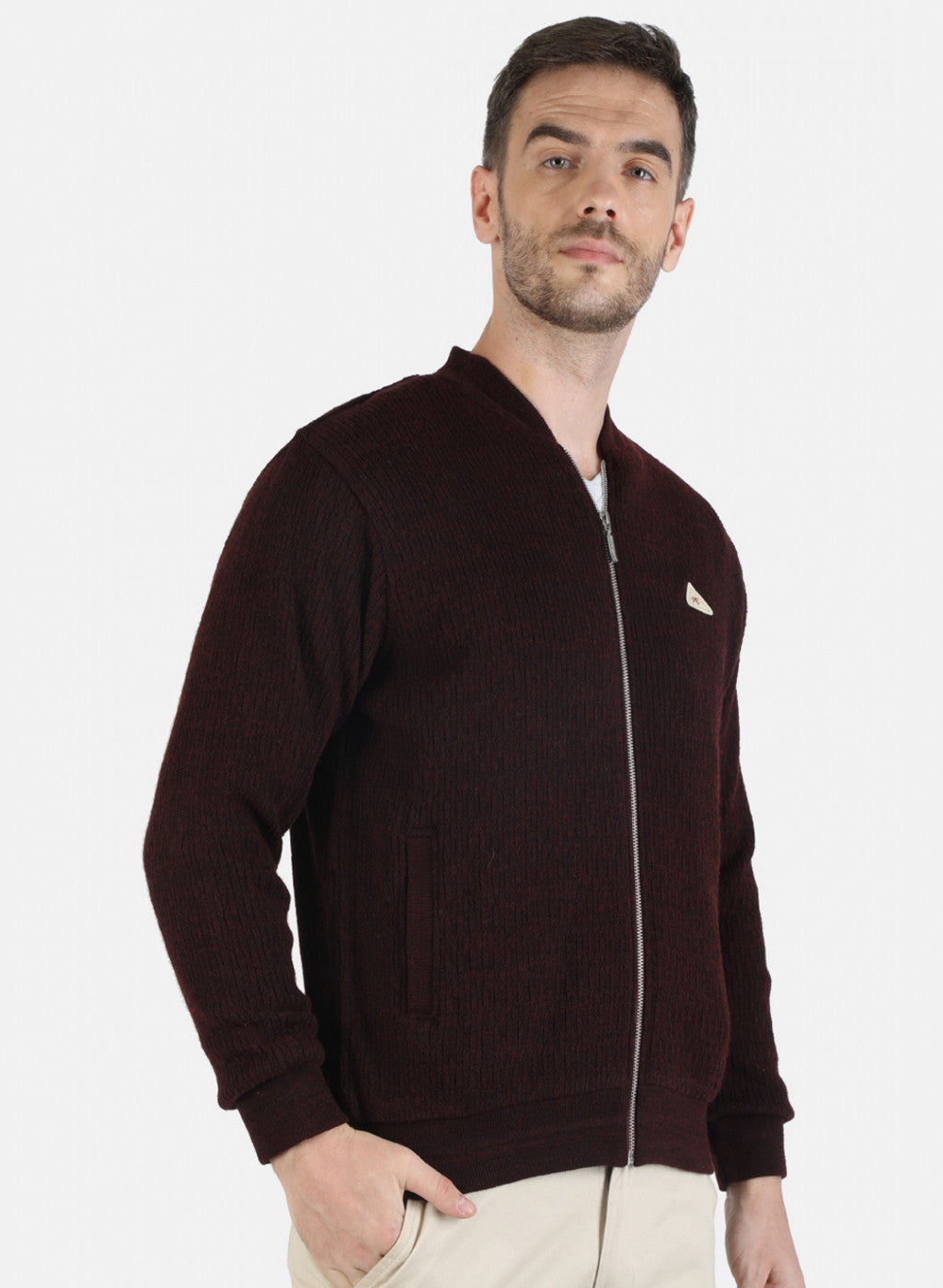 Men Maroon Self Jacket