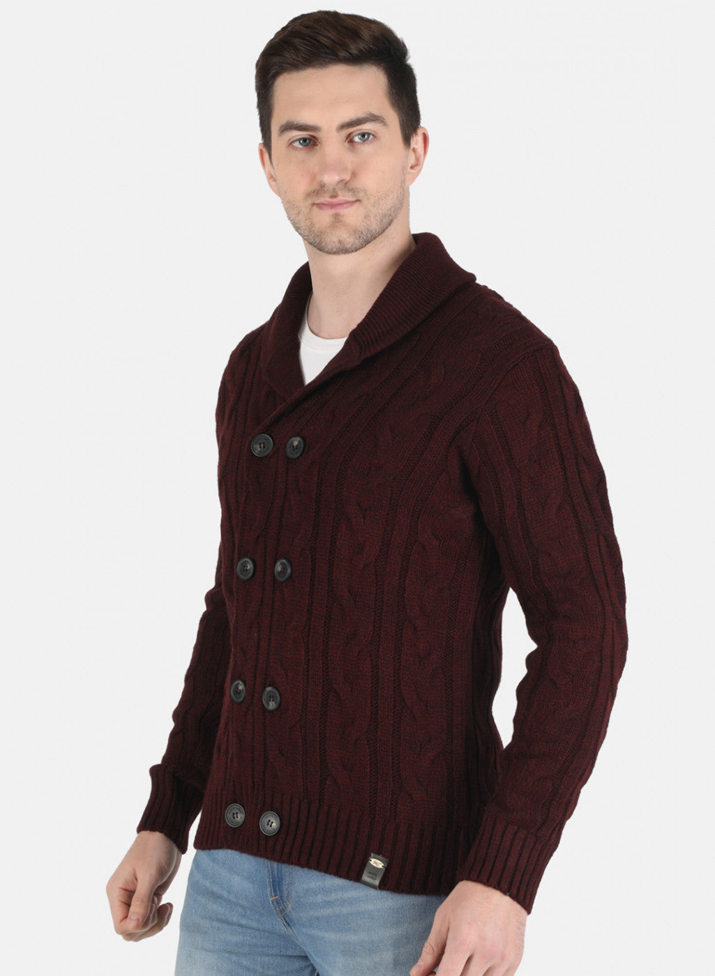 Men Maroon Self Design Cardigan
