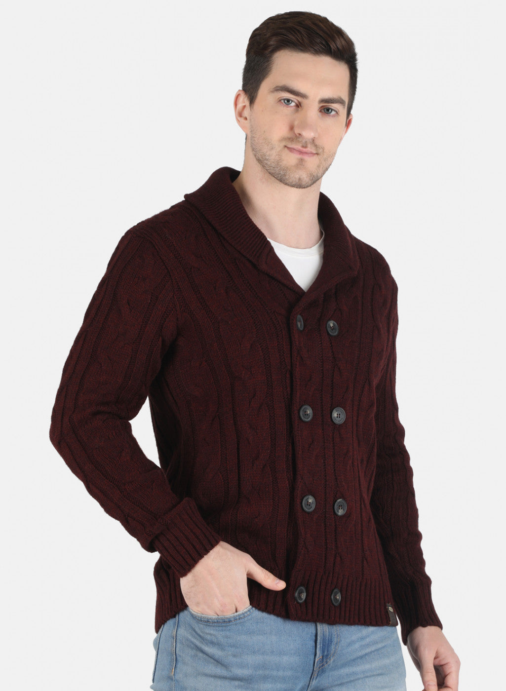 Men Maroon Self Design Cardigan