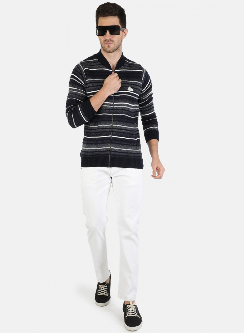 Men NAvy Blue Self Design Pullover