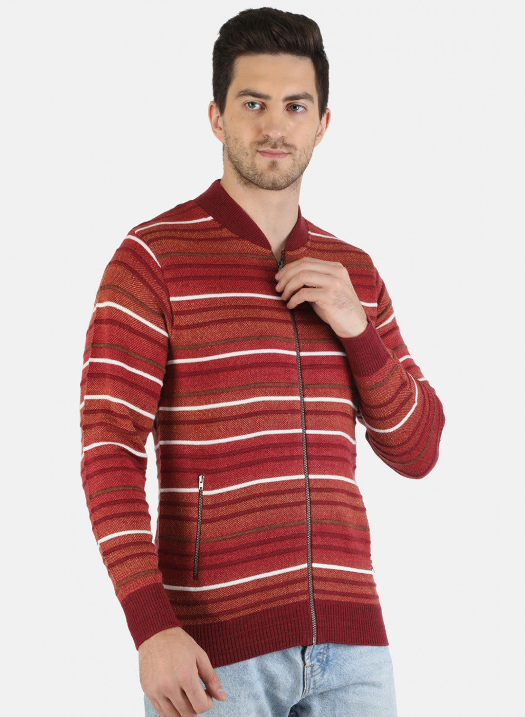 Men Red Self Design Pullover