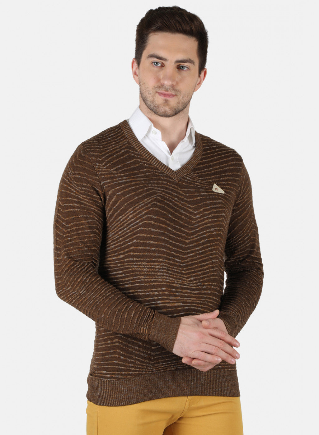 Men Brown Self Design Pullover