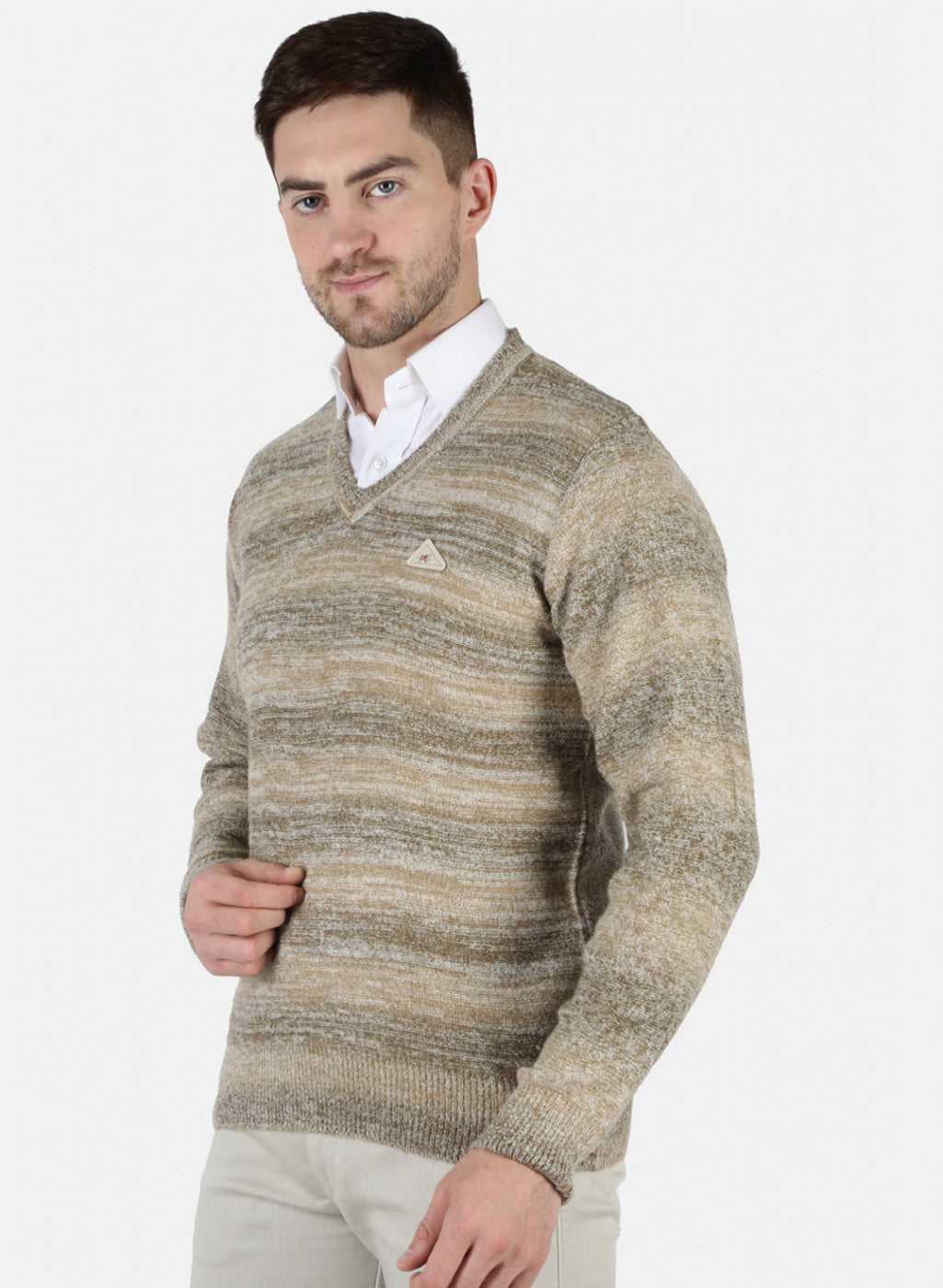 Men Beige Self Design Pullover