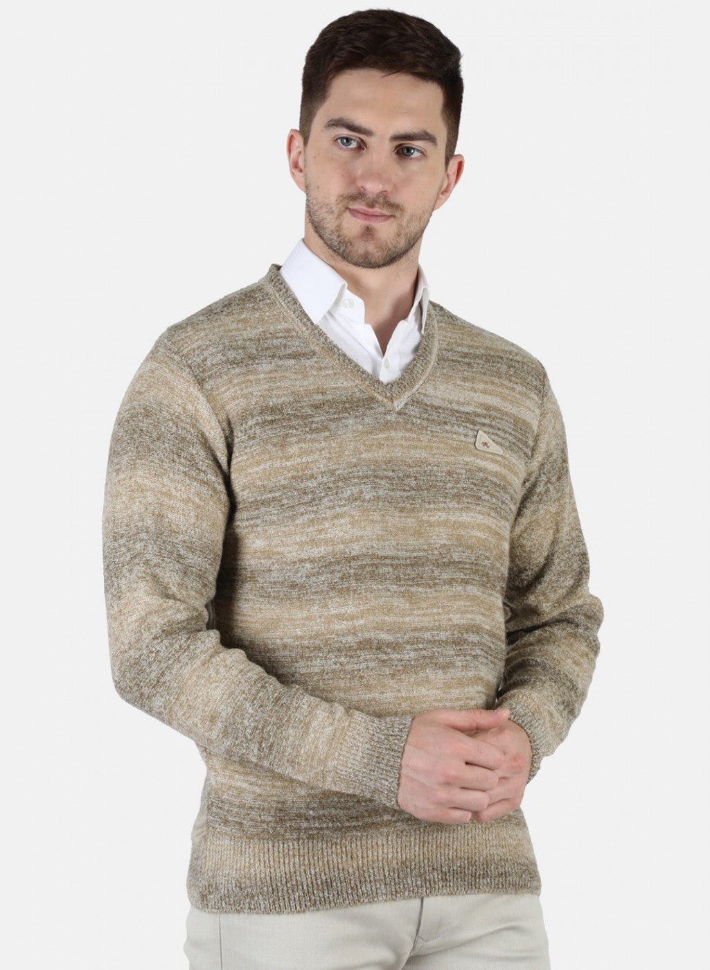 Men Beige Self Design Pullover