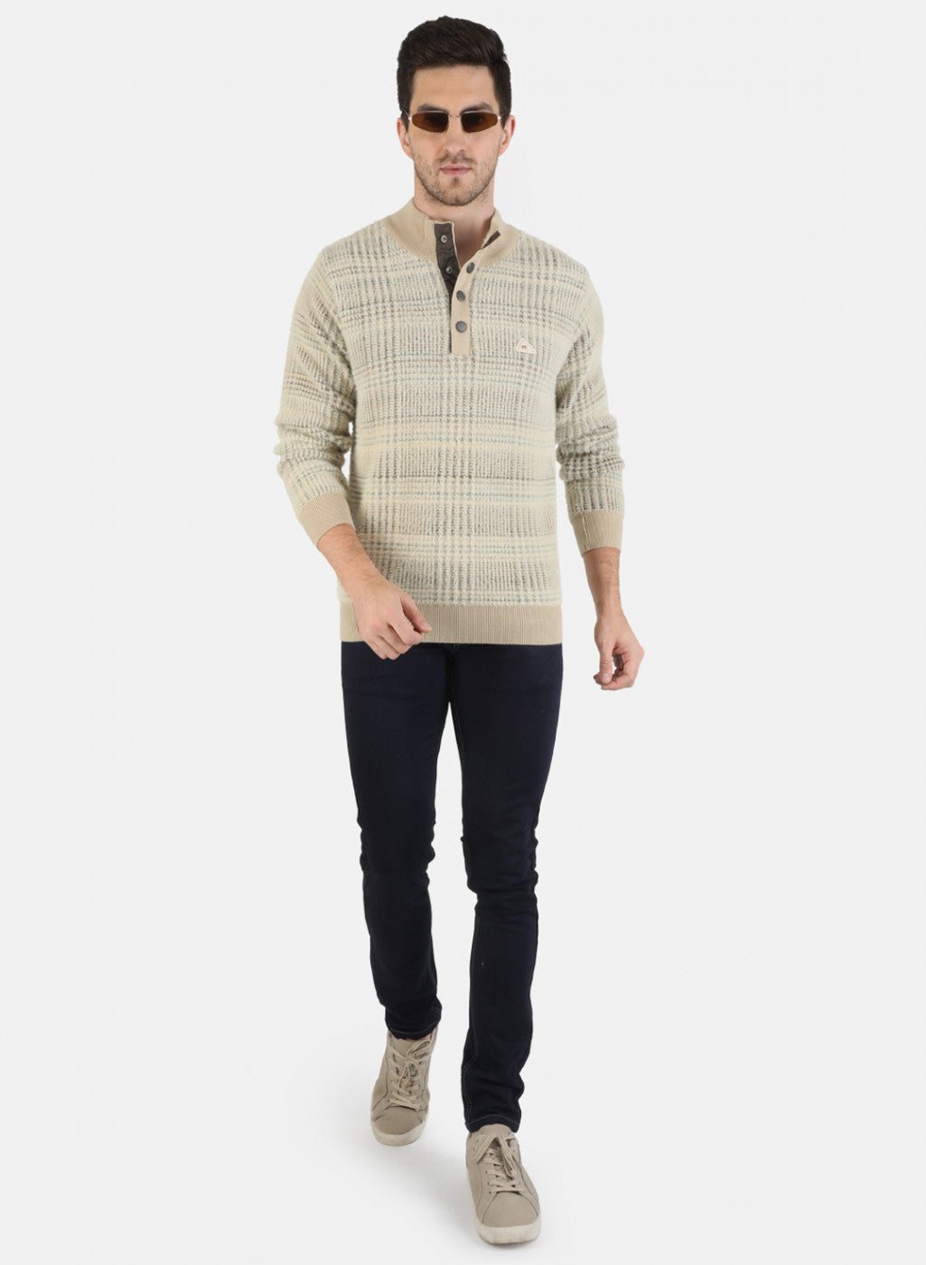 Men Beige Self Design Pullover