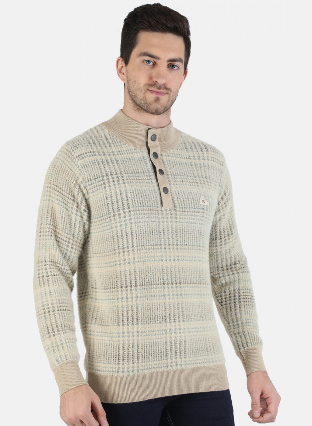 Men Beige Self Design Pullover